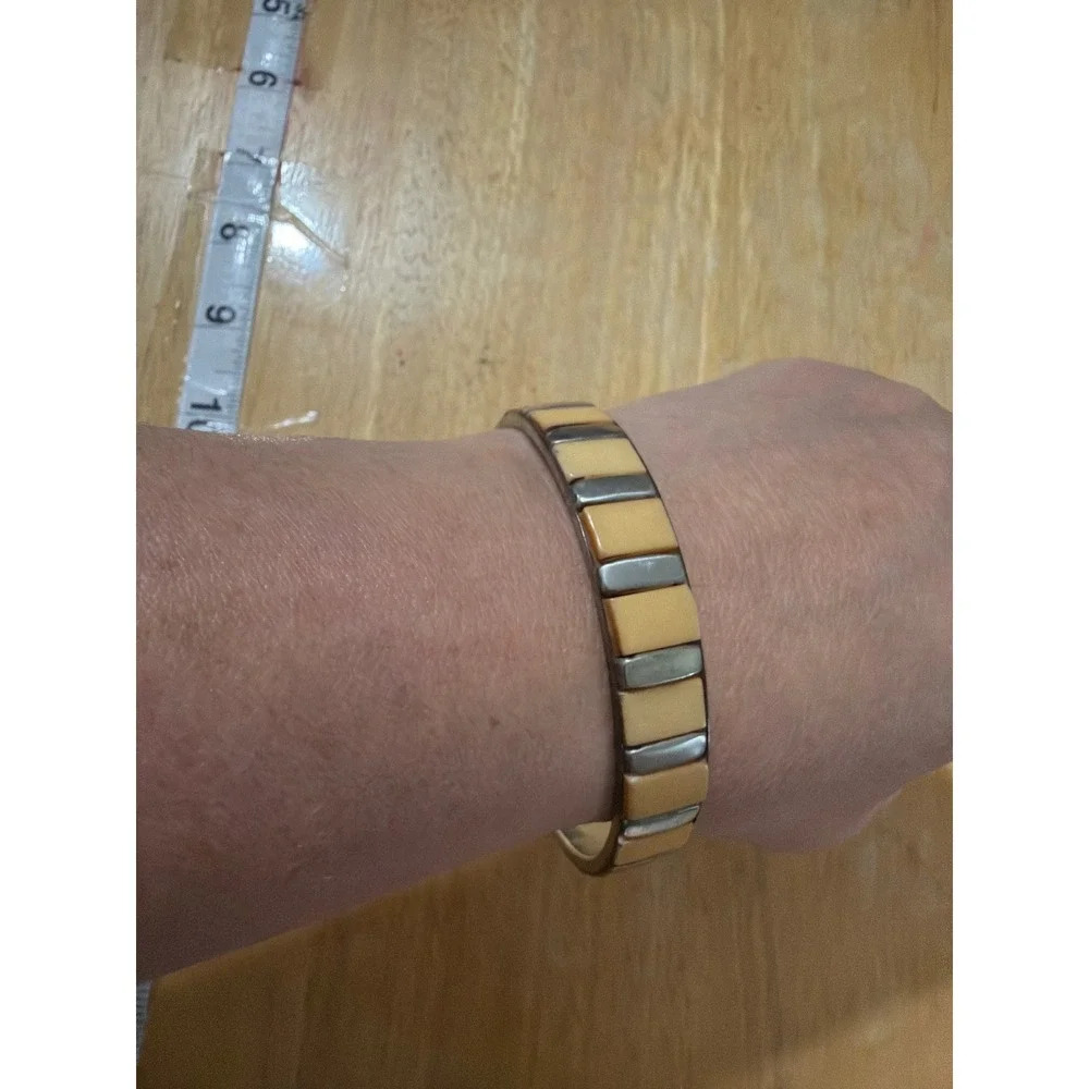 Vintage Style Tan Enamel and Silver‎ Tone Tile Bangle Bracelet  Slip On